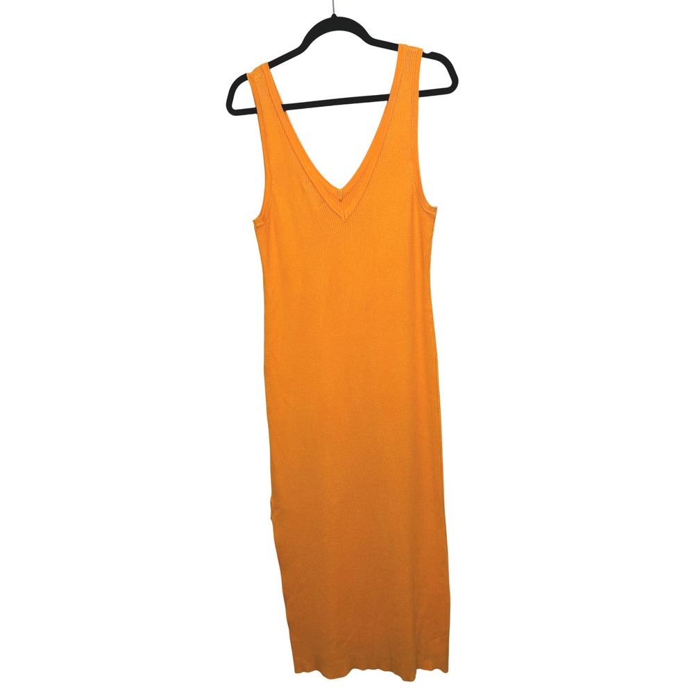 House of Harlow 1960 Women's Orange Ribbed V Neck Sleeveless Midi‎ Dress L TS12 - Picture 2 of 7